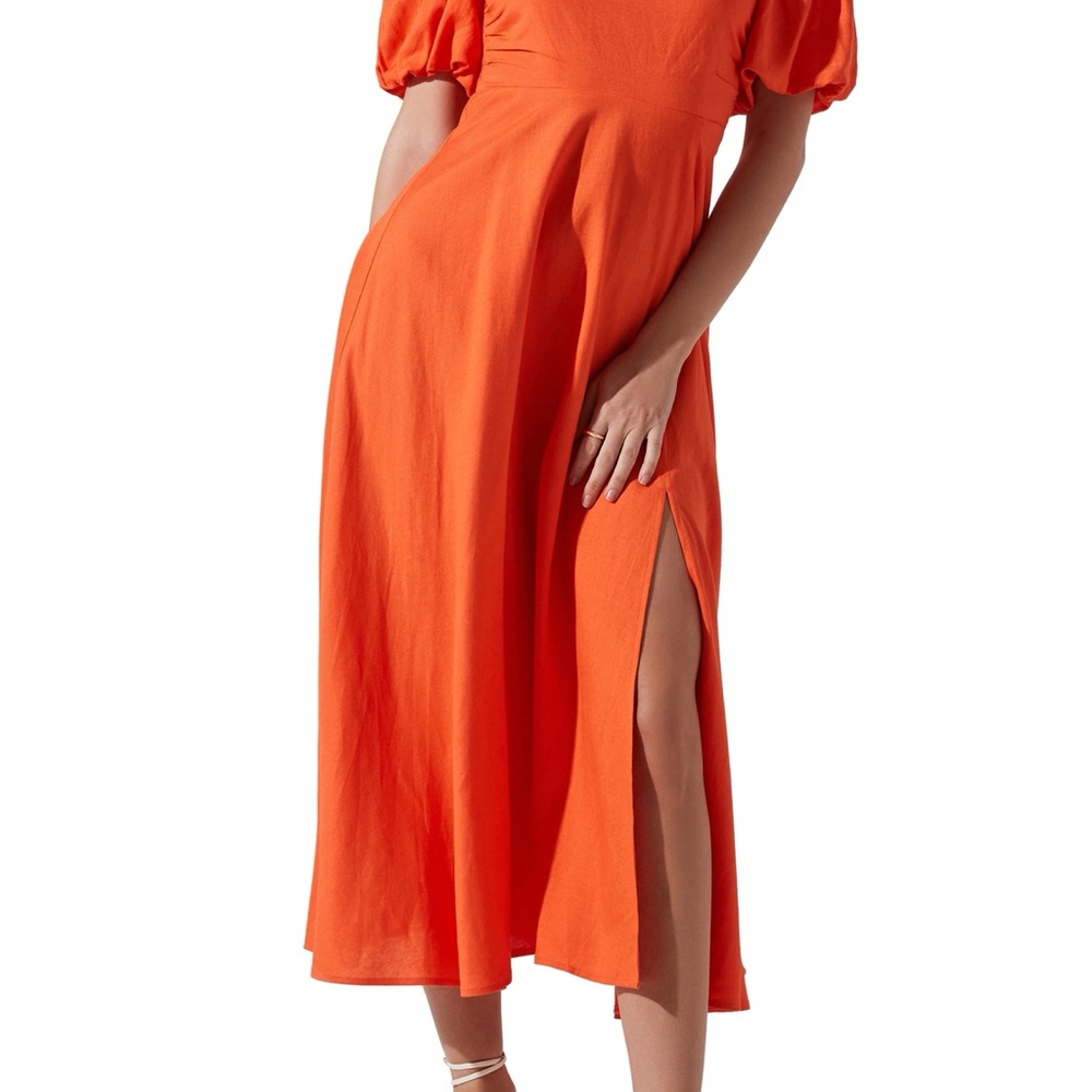 Astr Vibrant Orange Midi Dress with Puff Sleeves